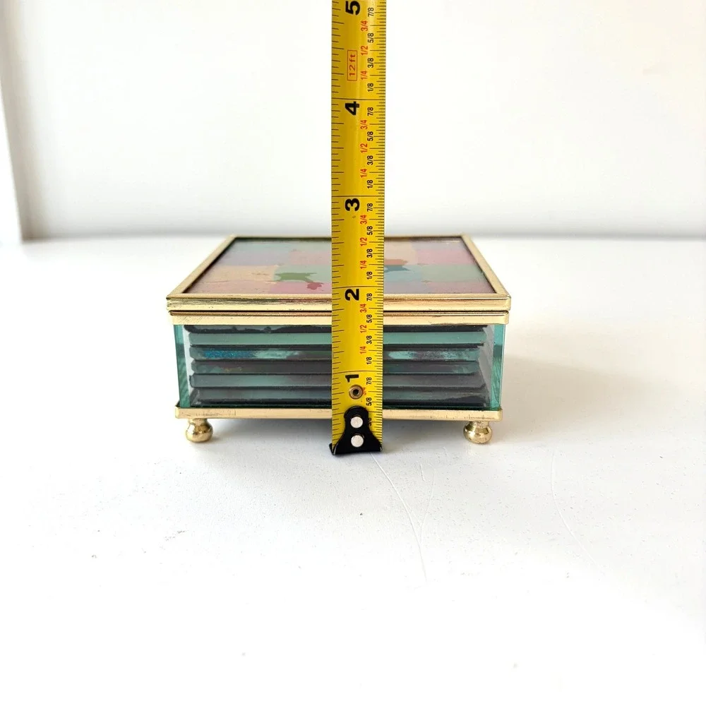 Vintage Glass Coaster Set 6pc Multi Color Patchwork Brass Tone Footed Box MCM